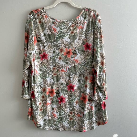Links Size 1X Green Tan Tropical Pattern Top Flamingo Long Sleeves - Picture 2 of 6